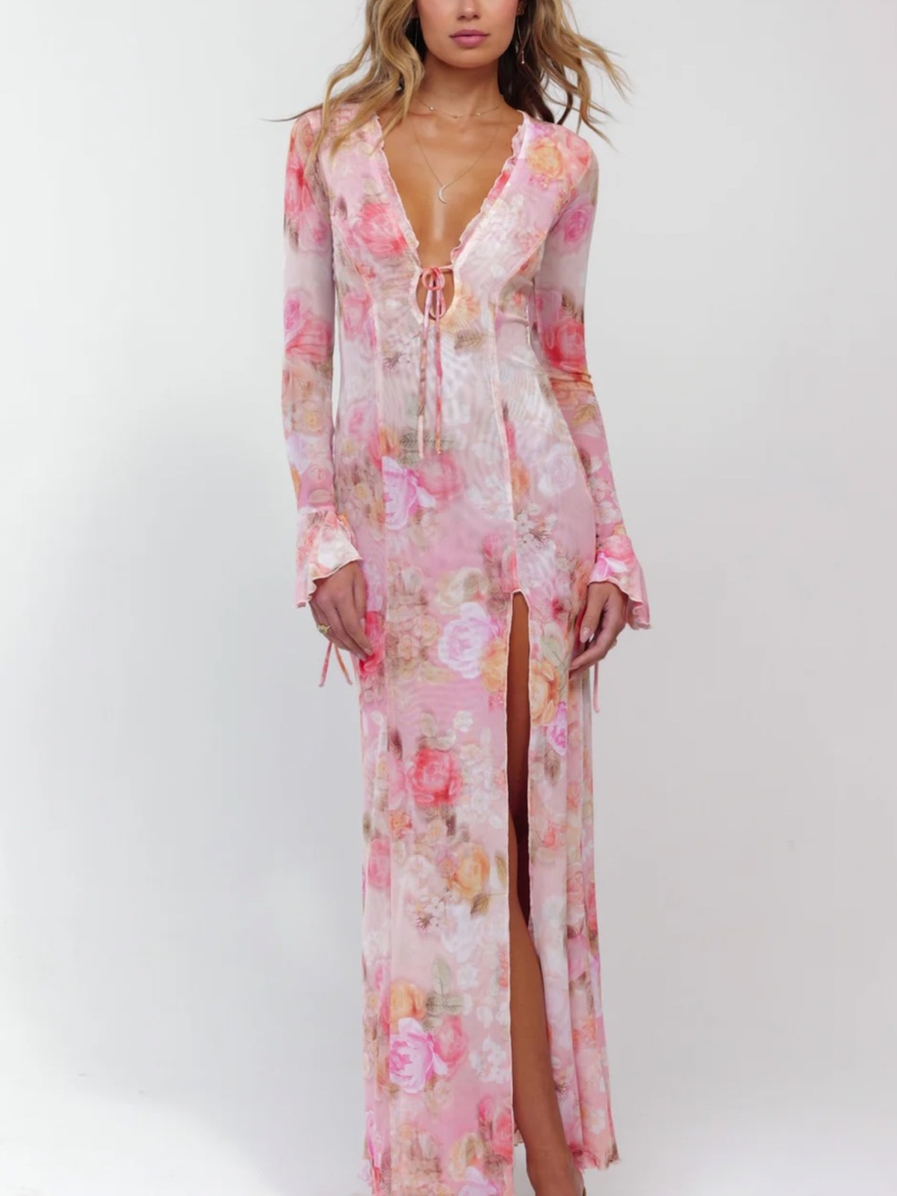 RESA Pink Floral Long Sleeve Maxi Dress with Front Slit